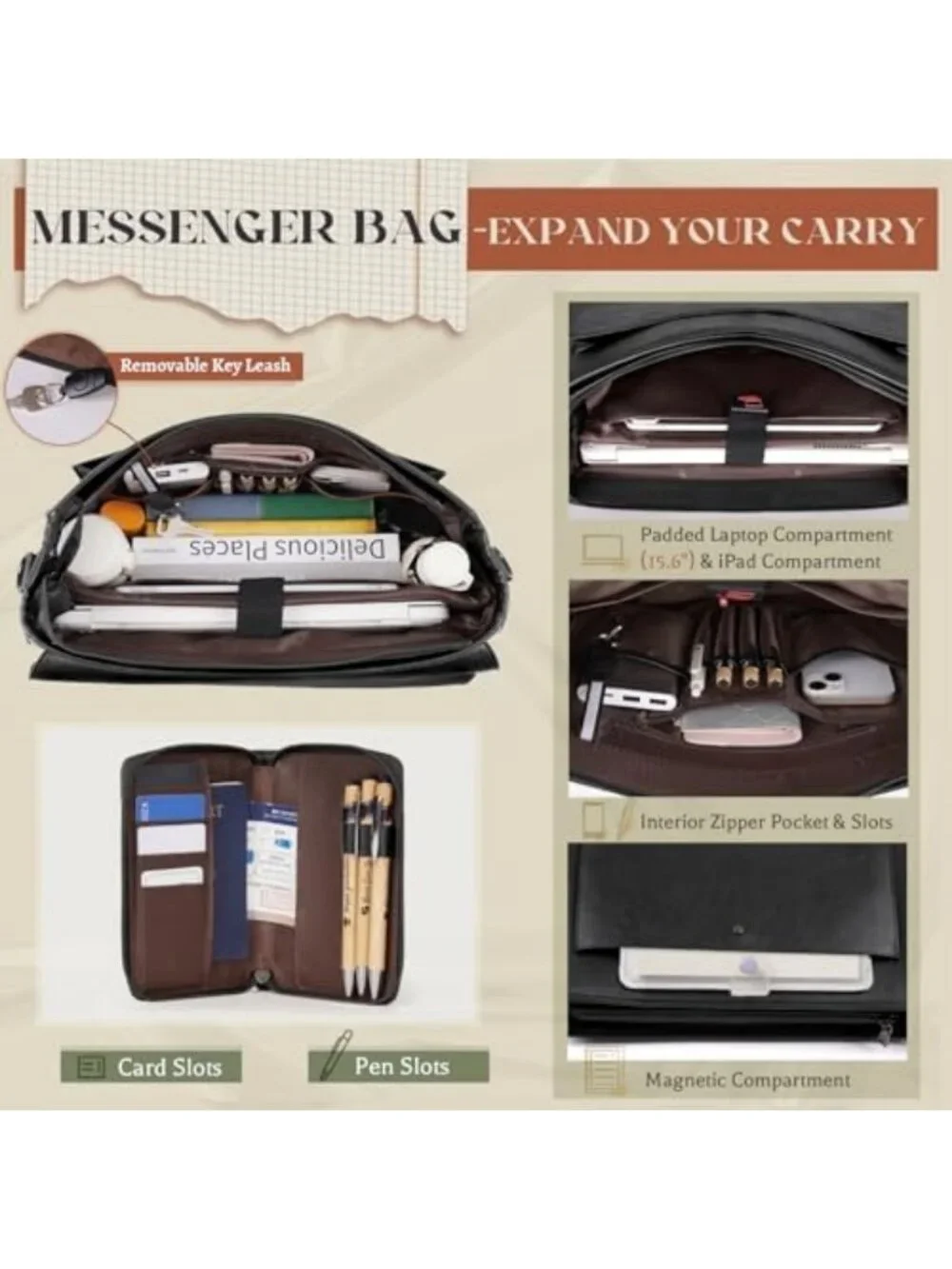 Vintage PU Leather Messenger Bag for Men, 15.6